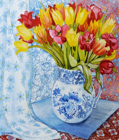 Red and yellow tulips in a Copeland jug by Joan Thewsey